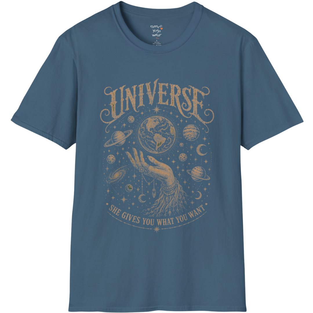 Hand holding the earth with orbiting planets and cosmic roots engraving design — Sacred Thread collection by Ramro Yoga Wear