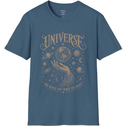 Hand holding the earth with orbiting planets and cosmic roots engraving design — Sacred Thread collection by Ramro Yoga Wear