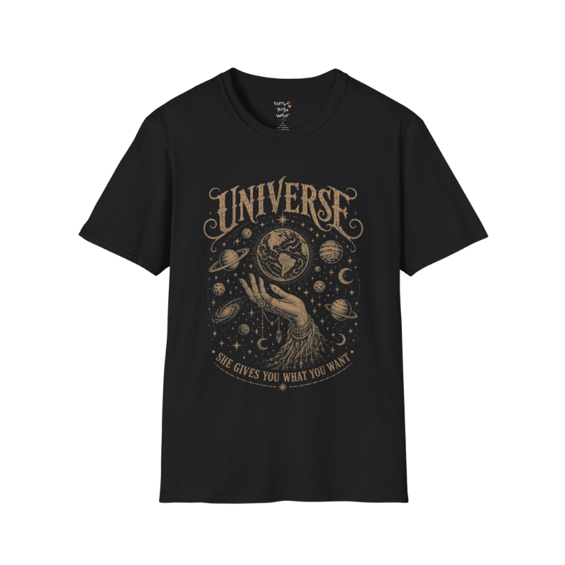 Hand holding the earth with orbiting planets and cosmic roots engraving design — Sacred Thread collection by Ramro Yoga Wear