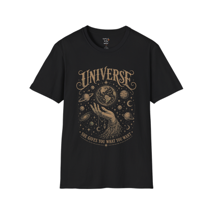 Hand holding the earth with orbiting planets and cosmic roots engraving design — Sacred Thread collection by Ramro Yoga Wear