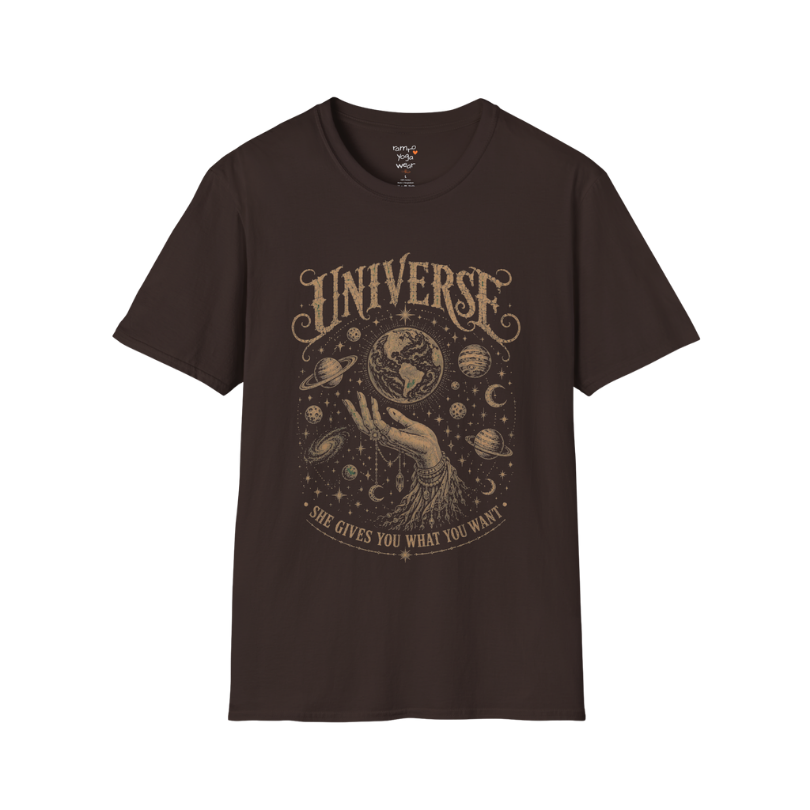 Hand holding the earth with orbiting planets and cosmic roots engraving design — Sacred Thread collection by Ramro Yoga Wear