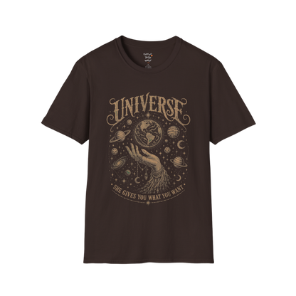Hand holding the earth with orbiting planets and cosmic roots engraving design — Sacred Thread collection by Ramro Yoga Wear