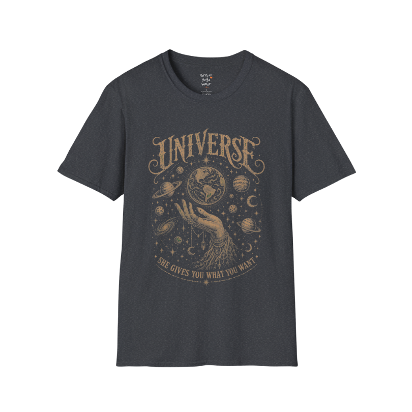 Hand holding the earth with orbiting planets and cosmic roots engraving design — Sacred Thread collection by Ramro Yoga Wear