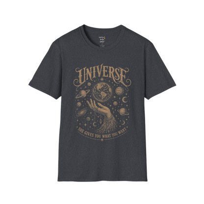 Hand holding the earth with orbiting planets and cosmic roots engraving design — Sacred Thread collection by Ramro Yoga Wear