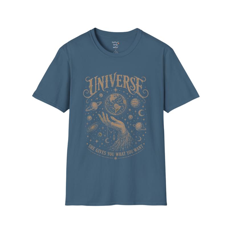 Hand holding the earth with orbiting planets and cosmic roots engraving design — Sacred Thread collection by Ramro Yoga Wear