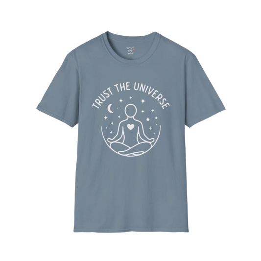 Universe T-Shirt Stone Blue with meditating figure and celestial design. Yoga tee with soft blue tones and peaceful energy.