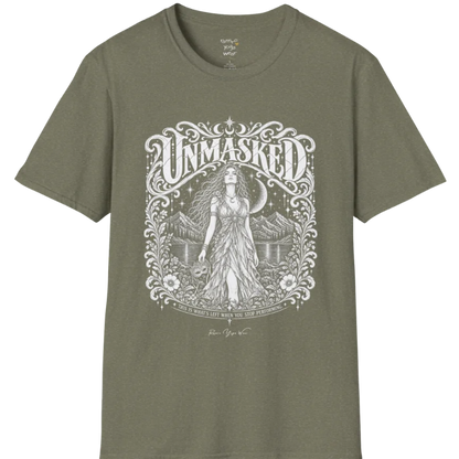 A short sleeved tee called the Unmasked T-Shirt, flat lay and a soft cotton shirt. Simply says, Unmasked. Design highlights an ornate floral crest in white linework with a long-haired figure in a flowing gown beneath a crescent moon, with Unmasked in ornate lettering across the top. Color is Heather Military Green.