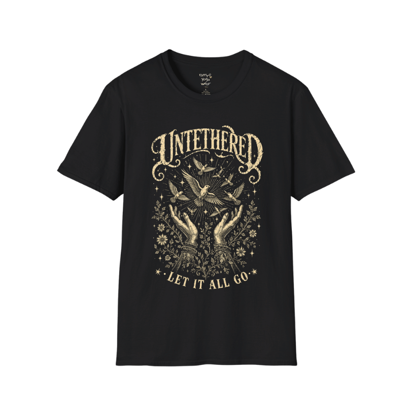 Black Untethered T-Shirt featuring distressed oatmeal mystical artwork with celestial birds, raised hands, and vintage spiritual typography for a bold soulful streetwear look.