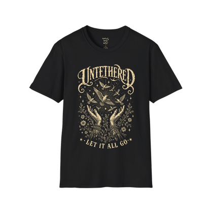 Black Untethered T-Shirt featuring distressed oatmeal mystical artwork with celestial birds, raised hands, and vintage spiritual typography for a bold soulful streetwear look.