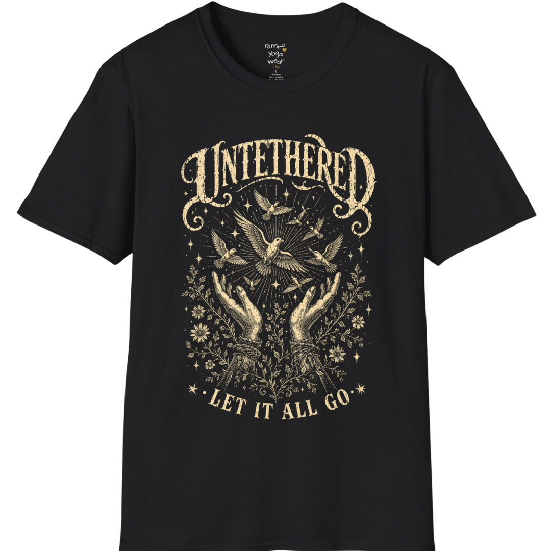 Black Untethered T-Shirt featuring distressed oatmeal mystical artwork with celestial birds, raised hands, and vintage spiritual typography for a bold soulful streetwear look.
