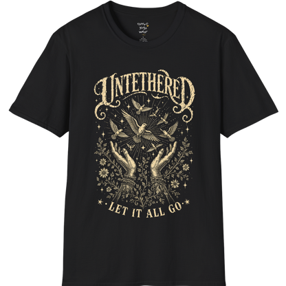 Black Untethered T-Shirt featuring distressed oatmeal mystical artwork with celestial birds, raised hands, and vintage spiritual typography for a bold soulful streetwear look.