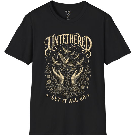 Black Untethered T-Shirt featuring distressed oatmeal mystical artwork with celestial birds, raised hands, and vintage spiritual typography for a bold soulful streetwear look.