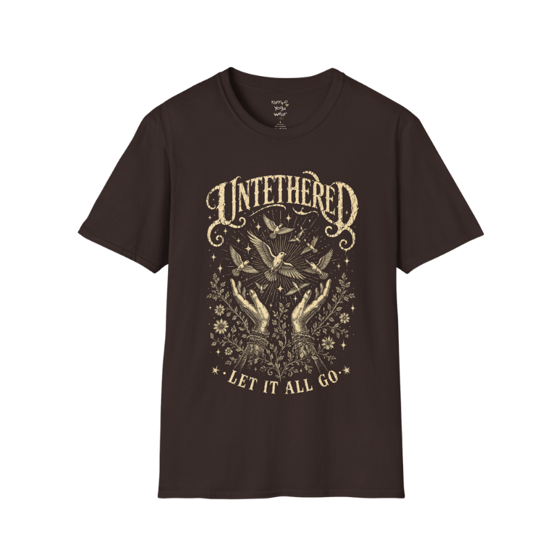 Dark Chocolate Untethered T-Shirt with soft oatmeal vintage illustration inspired by freedom, surrender, and mindful movement in a mystical etched style.