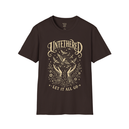 Dark Chocolate Untethered T-Shirt with soft oatmeal vintage illustration inspired by freedom, surrender, and mindful movement in a mystical etched style.