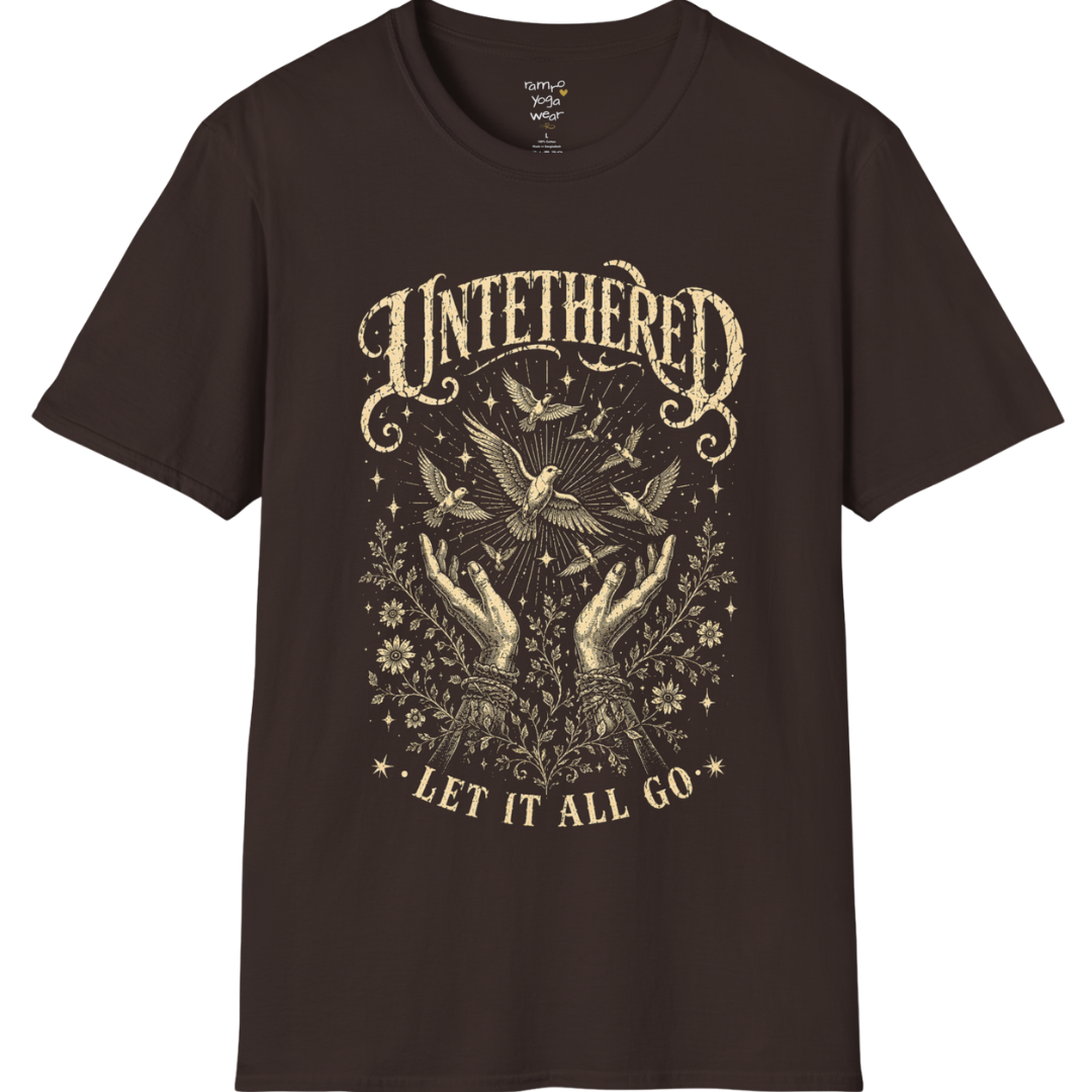 Dark Chocolate Untethered T-Shirt with soft oatmeal vintage illustration inspired by freedom, surrender, and mindful movement in a mystical etched style.