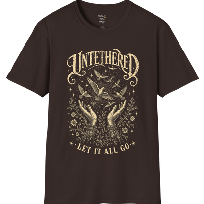 Dark Chocolate Untethered T-Shirt with soft oatmeal vintage illustration inspired by freedom, surrender, and mindful movement in a mystical etched style.