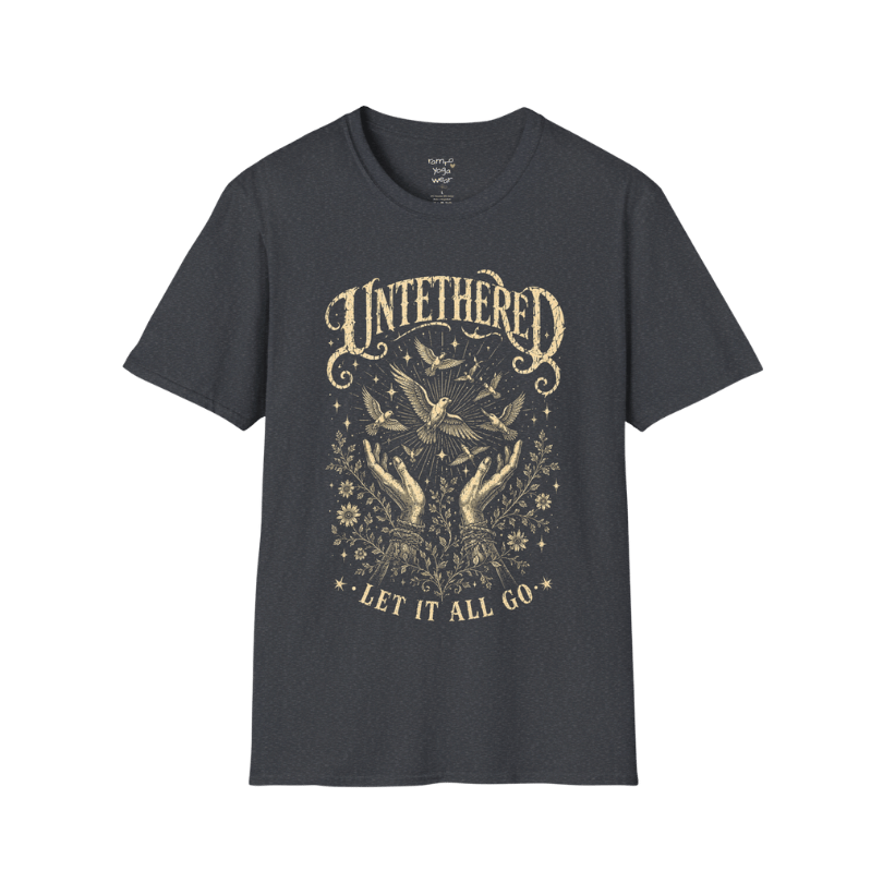 Dark Heather Grey Untethered T-Shirt featuring worn spiritual artwork with birds and celestial details in a calm vintage-inspired yoga streetwear aesthetic.