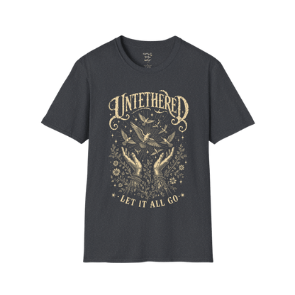 Dark Heather Grey Untethered T-Shirt featuring worn spiritual artwork with birds and celestial details in a calm vintage-inspired yoga streetwear aesthetic.