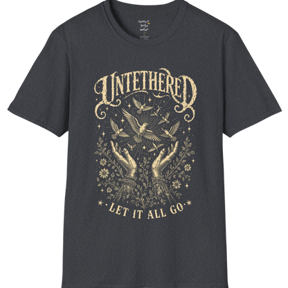 Dark Heather Grey Untethered T-Shirt featuring worn spiritual artwork with birds and celestial details in a calm vintage-inspired yoga streetwear aesthetic.