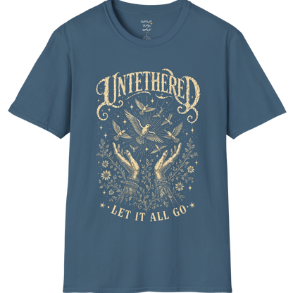 Indigo Blue Untethered T-Shirt with distressed oatmeal mystical graphic and celestial bird artwork inspired by freedom, stillness, and soulful expression.