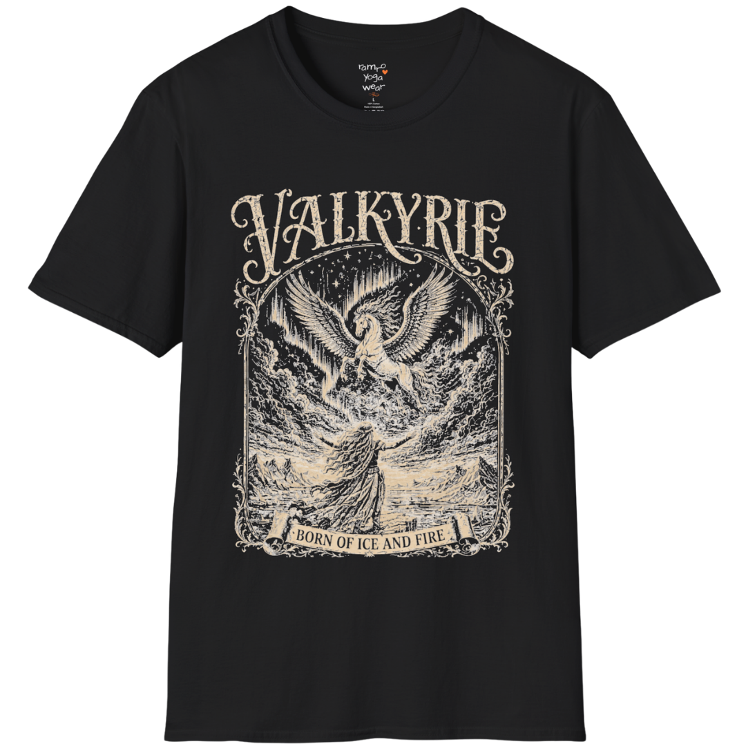Winged Valkyrie warrior woman engraving design with ornate lettering — Sacred Thread collection by Ramro Yoga Wear — Black