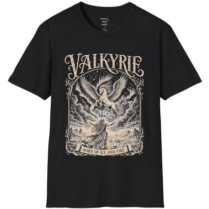 Winged Valkyrie warrior woman engraving design with ornate lettering — Sacred Thread collection by Ramro Yoga Wear — Black