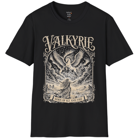 Winged Valkyrie warrior woman engraving design with ornate lettering — Sacred Thread collection by Ramro Yoga Wear — Black