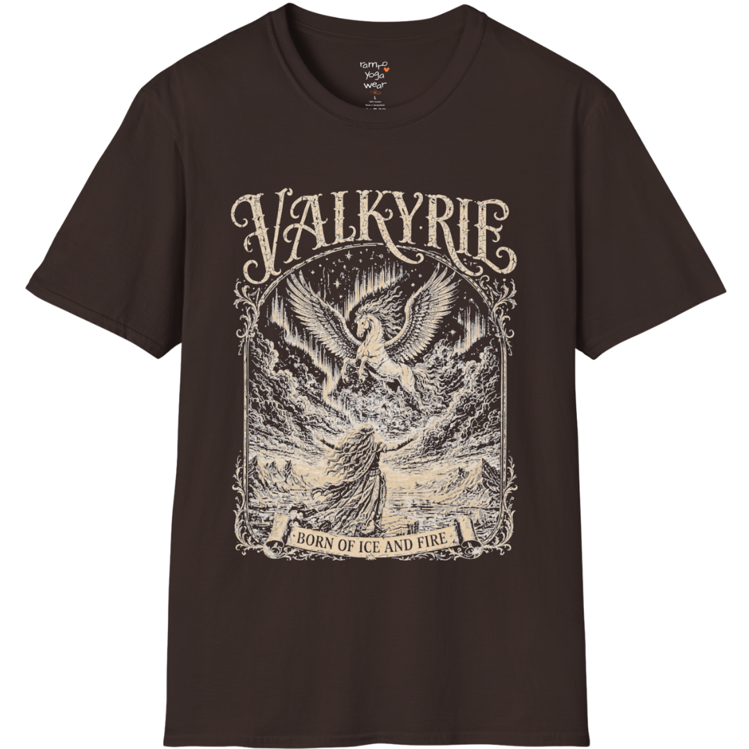Winged Valkyrie warrior woman engraving design with ornate lettering — Sacred Thread collection by Ramro Yoga Wear — Dark Chocolate