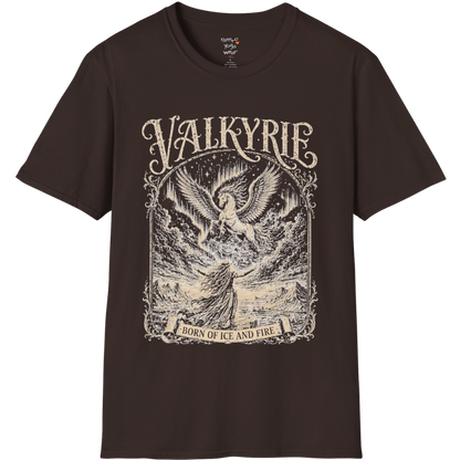 Winged Valkyrie warrior woman engraving design with ornate lettering — Sacred Thread collection by Ramro Yoga Wear — Dark Chocolate