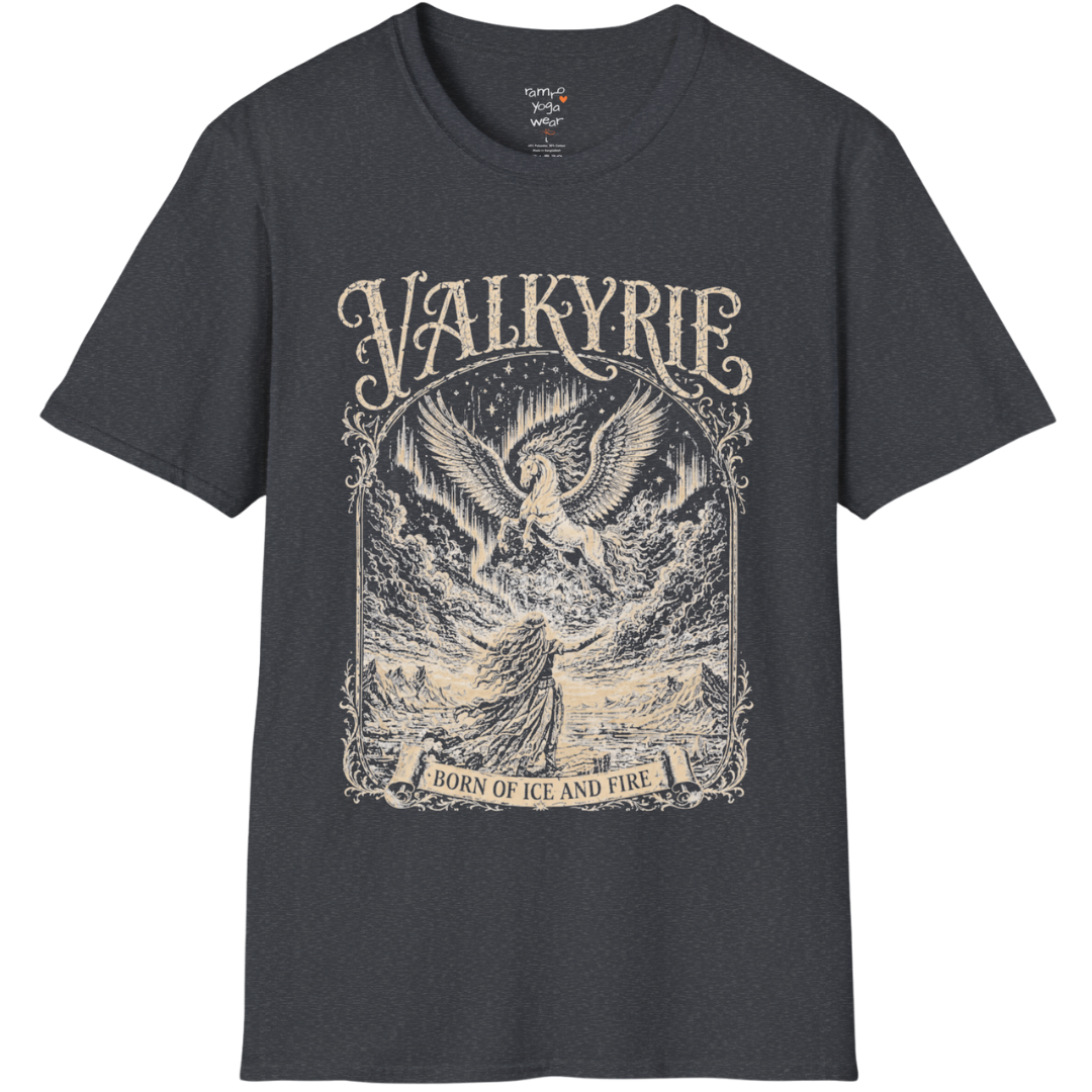 Winged Valkyrie warrior woman engraving design with ornate lettering — Sacred Thread collection by Ramro Yoga Wear — Dark Heather Grey
