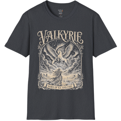Winged Valkyrie warrior woman engraving design with ornate lettering — Sacred Thread collection by Ramro Yoga Wear — Dark Heather Grey