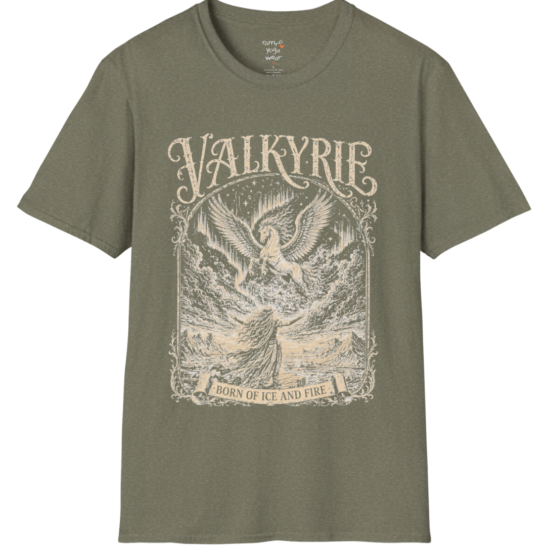 Winged Valkyrie warrior woman engraving design with ornate lettering — Sacred Thread collection by Ramro Yoga Wear — Heather Military Green