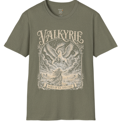 Winged Valkyrie warrior woman engraving design with ornate lettering — Sacred Thread collection by Ramro Yoga Wear — Heather Military Green