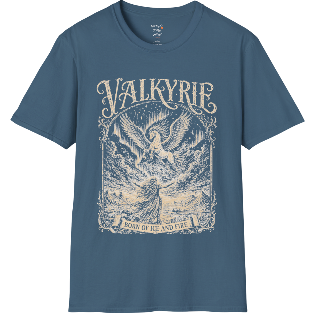 Winged Valkyrie warrior woman engraving design with ornate lettering — Sacred Thread collection by Ramro Yoga Wear — Indigo Blue