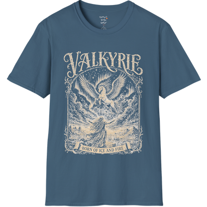 Winged Valkyrie warrior woman engraving design with ornate lettering — Sacred Thread collection by Ramro Yoga Wear — Indigo Blue