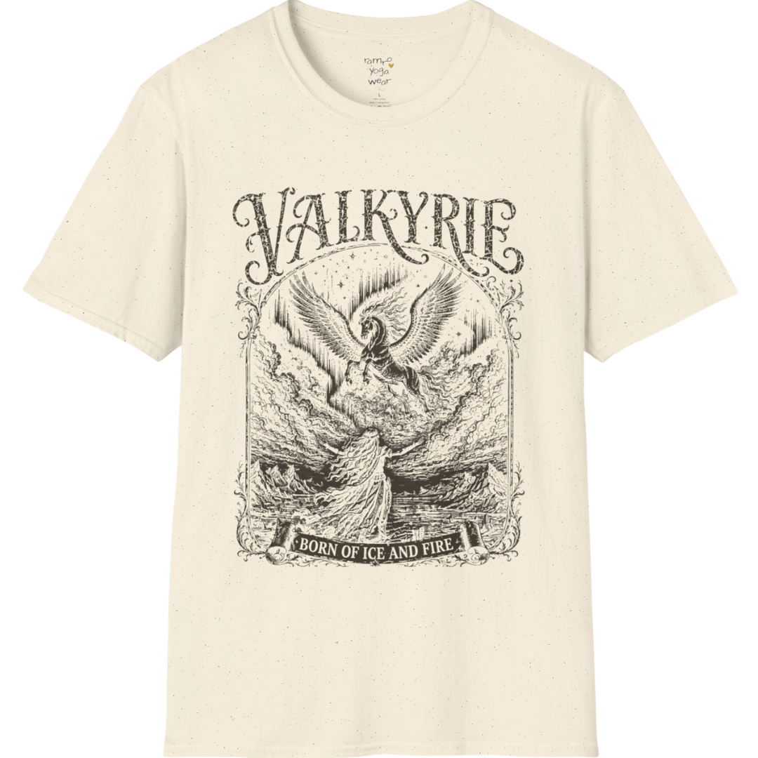 Winged Valkyrie warrior woman engraving design with ornate lettering — Sacred Thread collection by Ramro Yoga Wear — Natural