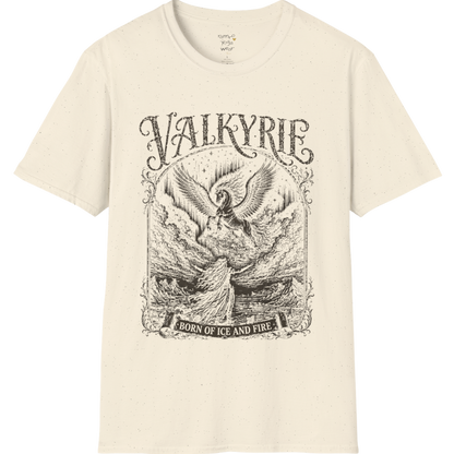 Winged Valkyrie warrior woman engraving design with ornate lettering — Sacred Thread collection by Ramro Yoga Wear — Natural