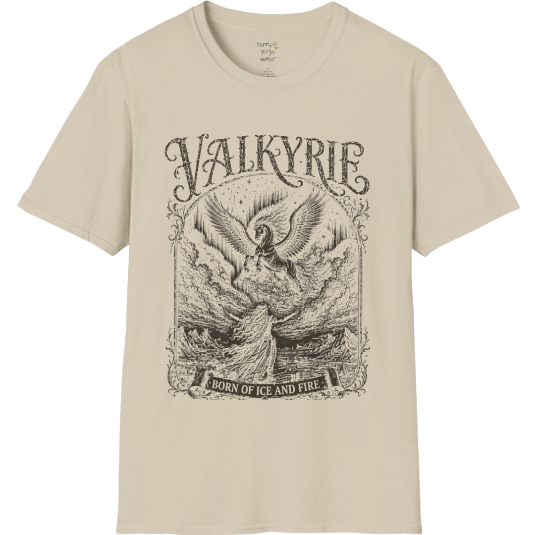 Winged Valkyrie warrior woman engraving design with ornate lettering — Sacred Thread collection by Ramro Yoga Wear — Sand