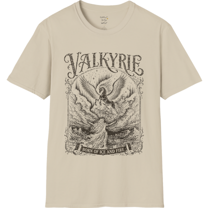 Winged Valkyrie warrior woman engraving design with ornate lettering — Sacred Thread collection by Ramro Yoga Wear — Sand