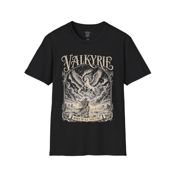Winged Valkyrie warrior woman engraving design with ornate lettering — Sacred Thread collection by Ramro Yoga Wear — Black