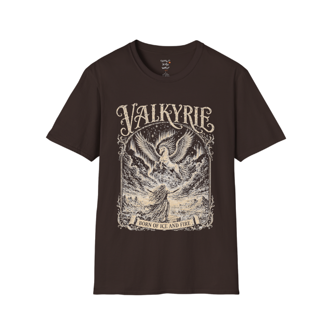 Winged Valkyrie warrior woman engraving design with ornate lettering — Sacred Thread collection by Ramro Yoga Wear — Dark Chocolate