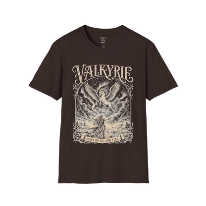 Winged Valkyrie warrior woman engraving design with ornate lettering — Sacred Thread collection by Ramro Yoga Wear — Dark Chocolate