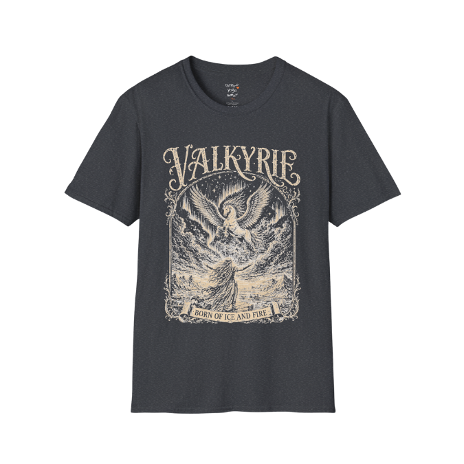 Winged Valkyrie warrior woman engraving design with ornate lettering — Sacred Thread collection by Ramro Yoga Wear — Dark Heather Grey