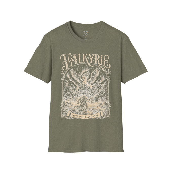 Winged Valkyrie warrior woman engraving design with ornate lettering — Sacred Thread collection by Ramro Yoga Wear — Heather Military Green