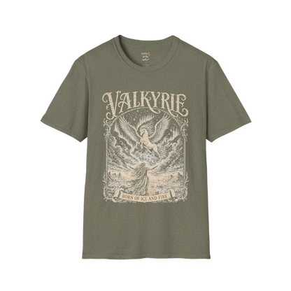 Winged Valkyrie warrior woman engraving design with ornate lettering — Sacred Thread collection by Ramro Yoga Wear — Heather Military Green