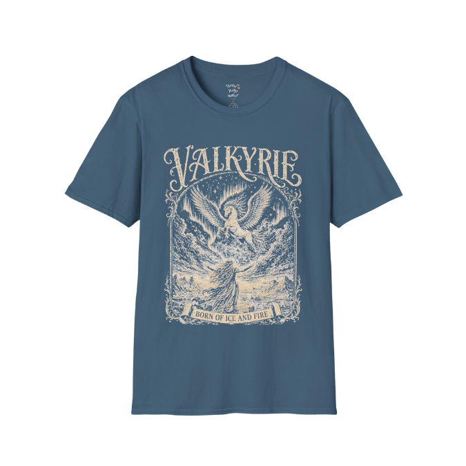 Winged Valkyrie warrior woman engraving design with ornate lettering — Sacred Thread collection by Ramro Yoga Wear — Indigo Blue