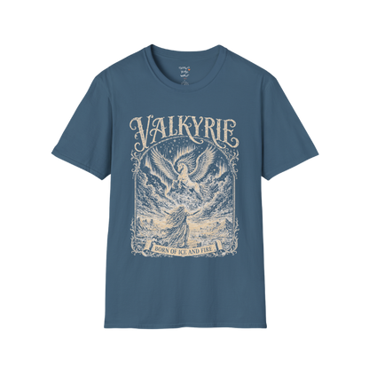 Winged Valkyrie warrior woman engraving design with ornate lettering — Sacred Thread collection by Ramro Yoga Wear — Indigo Blue