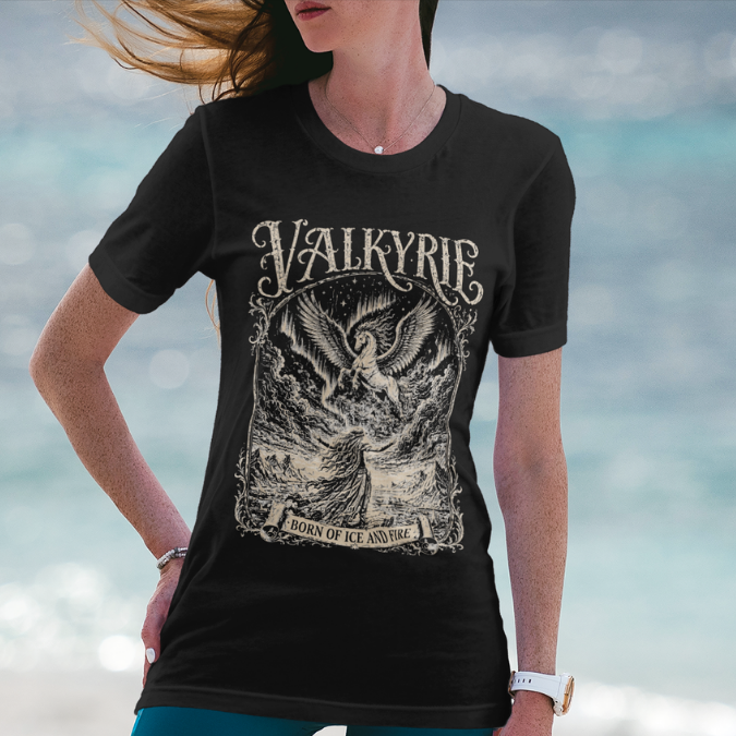 Woman wearing Valkyrie black sacred yoga shirt at the beach — Sacred Thread collection by Ramro Yoga Wear