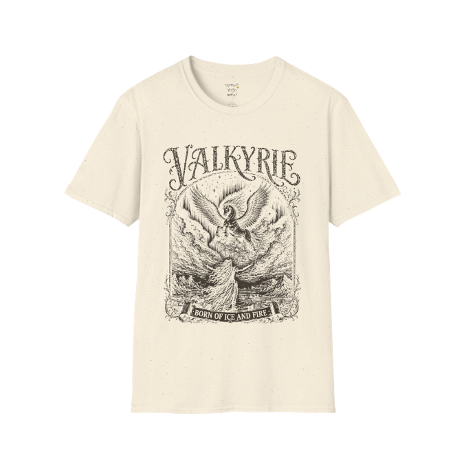 Winged Valkyrie warrior woman engraving design with ornate lettering — Sacred Thread collection by Ramro Yoga Wear — Natural