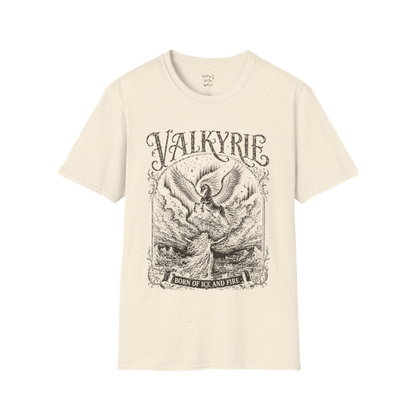 Winged Valkyrie warrior woman engraving design with ornate lettering — Sacred Thread collection by Ramro Yoga Wear — Natural